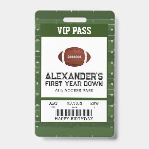 First Year Down Football Birthday Party VIP Pass Badge