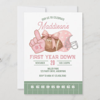 FIRST year down, Football Birthday, Pink football Invitation