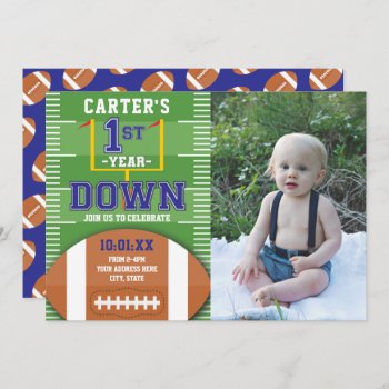 First Year Down Football Blue First Birthday Photo Invitation by ModernMatrimony at Zazzle