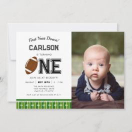 First Year Down Football Boy First Birthday Photo Invitation