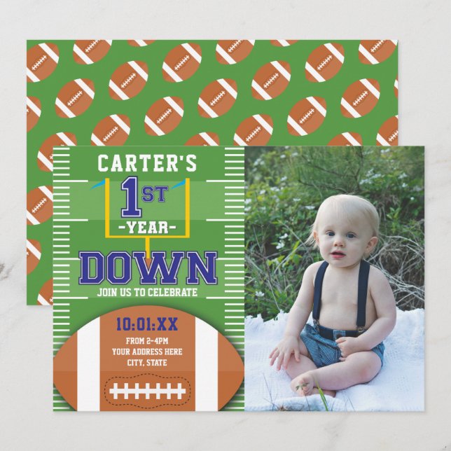 First Year Down Football Boys First Birthday Photo Invitation (Front/Back)