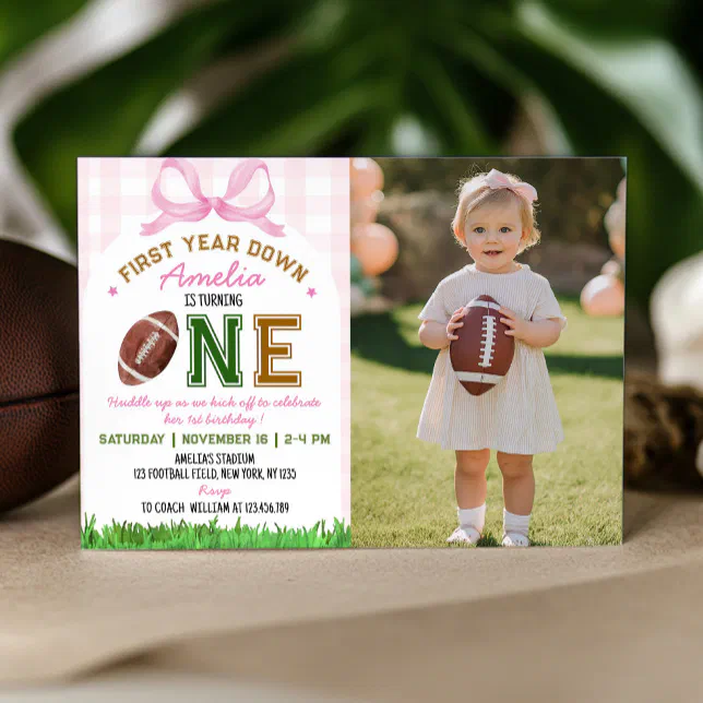 First Year Down Football Girl 1st Birthday Photo Invitation | Zazzle