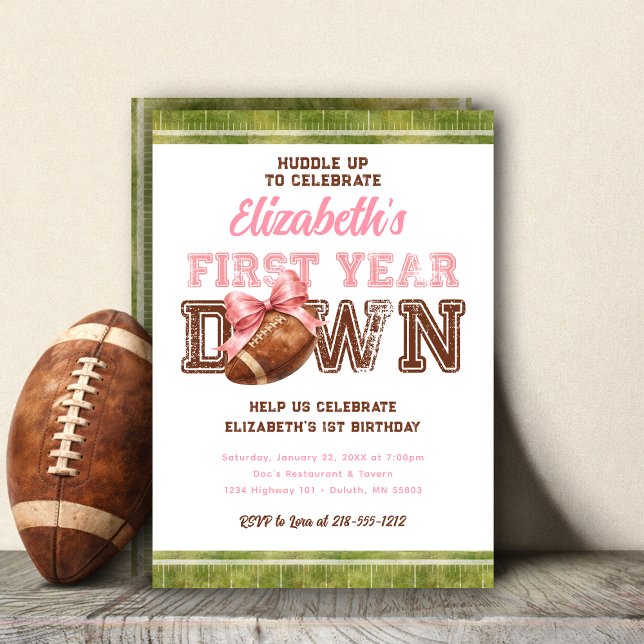 First Year Down Football Girly 1st Birthday Invitation (First Year Down Football Girly 1st Birthday Invitation)