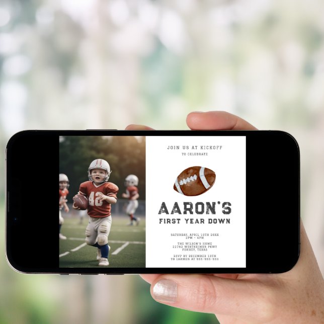 First Year Down Football Photo 1st Birthday Party Invitation (Front Digital)