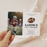 First Year Down Football Photo 1st Birthday Party Invitation<br><div class="desc">First Year Down Football Photo 1st Birthday Party Invitation Kick off your little rookie's first birthday in style with this First Year Down 1st Birthday Party Invitation! Celebrate his standout status as the 'Rookie of the Year' with this sporty, football-themed invite. Adorned with vibrant green and brown hues reminiscent of...</div>