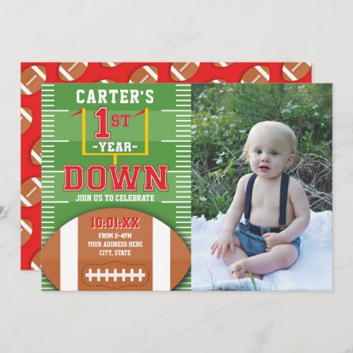 First Year Down Football Red First Birthday Photo Invitation
