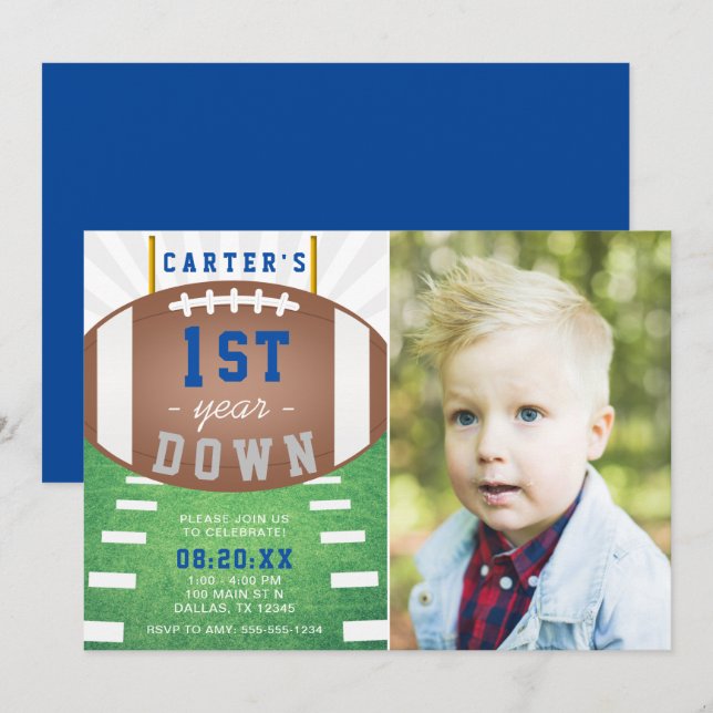 First Year Down Football Theme 1st Birthday  Invitation (Front/Back)