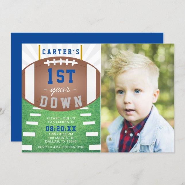 First Year Down Football Theme 1st Birthday  Invitation (Front/Back)