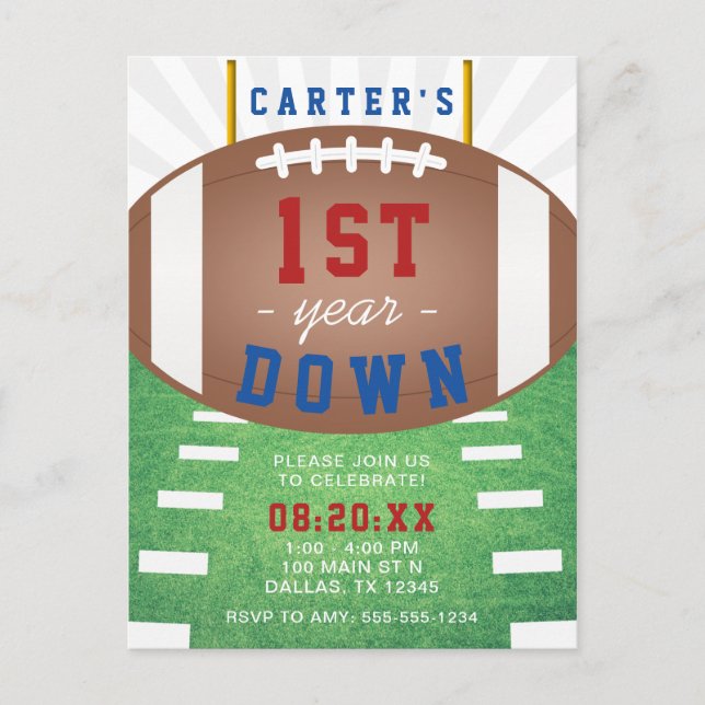First Year Down Football Theme 1st Birthday Postcard (Front)