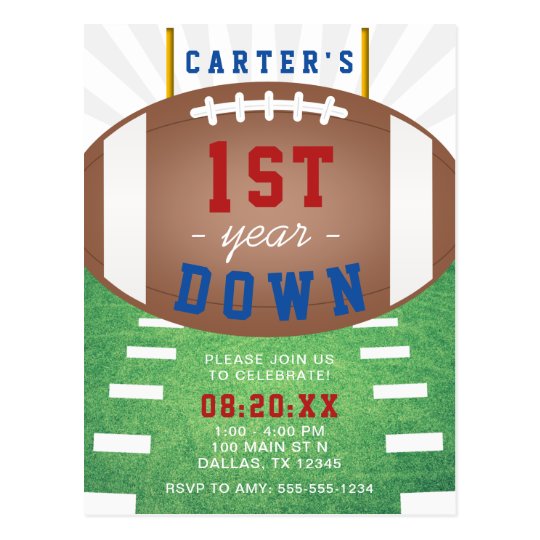 First Year Down Football Theme 1st Birthday Postcard | Zazzle.com