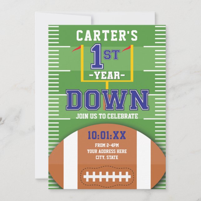 First Year Down Football Theme Blue First Birthday Invitation (Front)