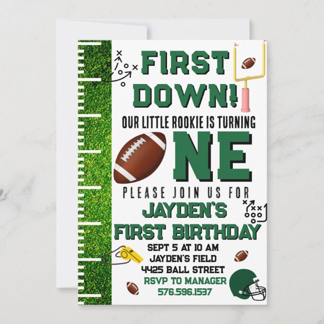 First Year Down football theme boys birthday party Invitation (Front)