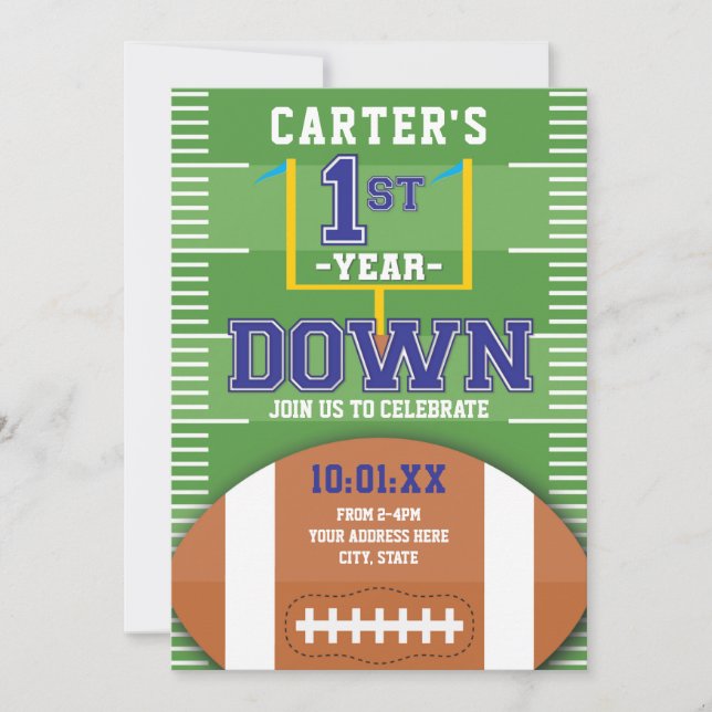 First Year Down Football Theme Boys First Birthday Invitation (Front)
