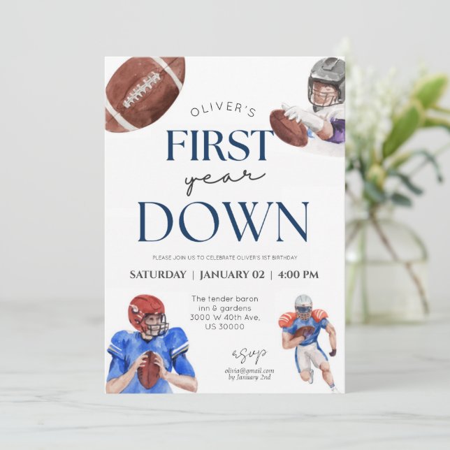 First year down football theme first boy birthday invitation (Standing Front)