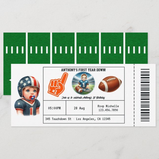 First Year Down Football Ticket 1st Birthday Invitation (Front/Back)