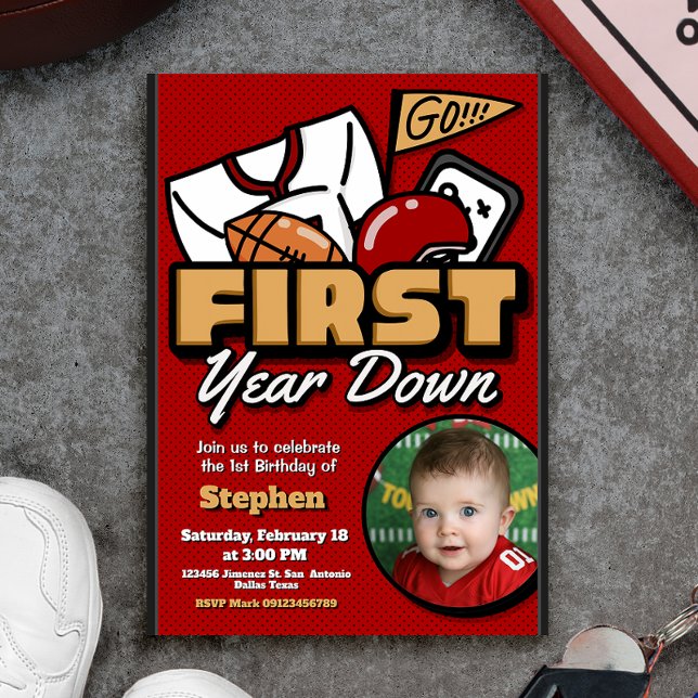 First Year Down - Football with Photo Invitation (First Year Down - Football with Photo Picture Invitation)