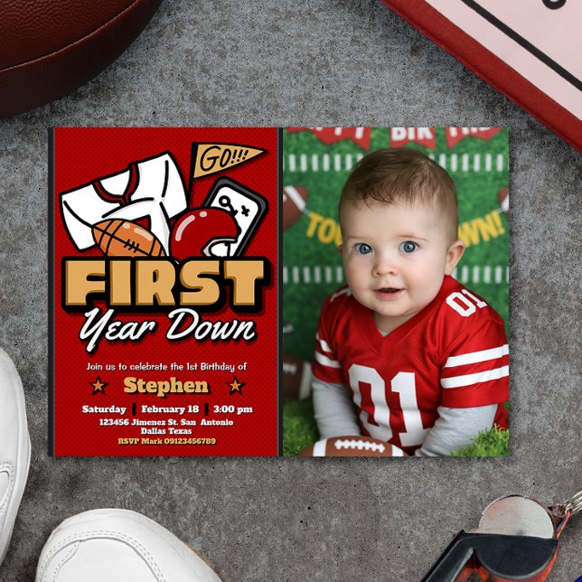 First Year Down - Football with Photo Landscape Invitation (First Year Down - Football with Photo Landscape Invitation)