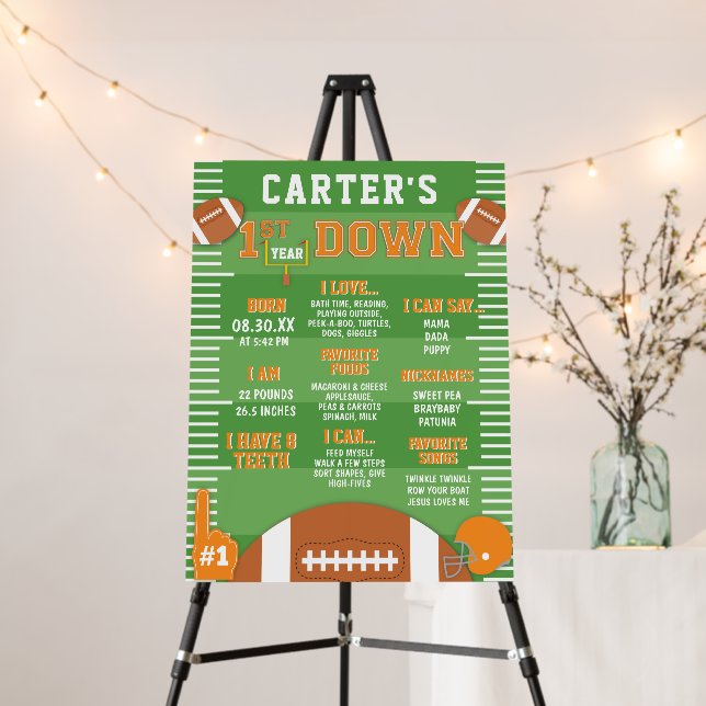 First Year Down Orange Football 1st Birthday Foam Board (In Situ (Stand))