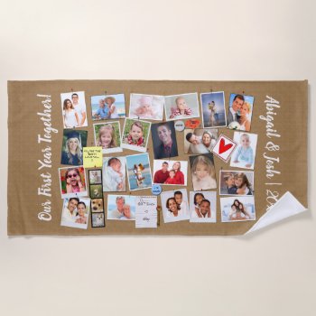 First Year Together Photo Memories Faux Cork Board Beach Towel by teeloft at Zazzle
