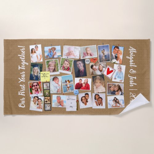 First Year Together Photo Memories Faux Cork Board Beach Towel