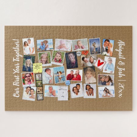 First Year Together Photo Memories Faux Cork Board Jigsaw Puzzle