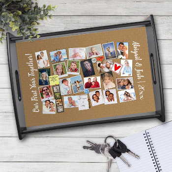 First Year Together Photo Memories Faux Cork Board Serving Tray by teeloft at Zazzle