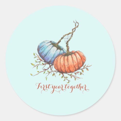 First year together Two watercolor pumpkins Mediu Classic Round Sticker