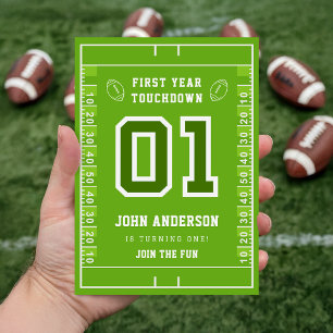 First Year Touchdown Green Football Field Birthday Invitation
