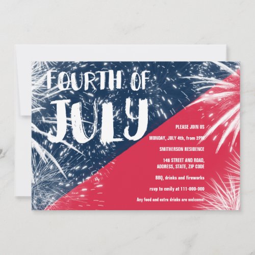 Firworks typography red blue 4th of July Invitation