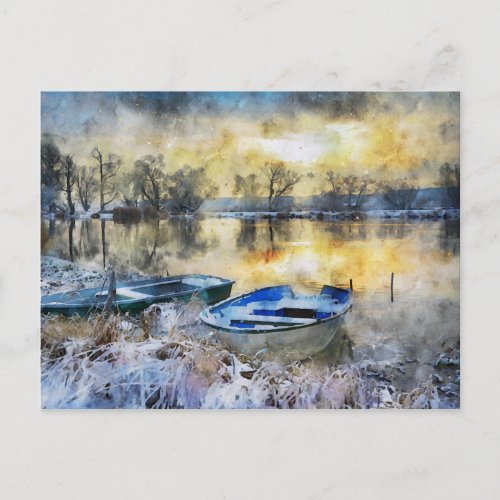 Fischerboote am Fluss bei Sonnenuntergang Aquarell Postcard