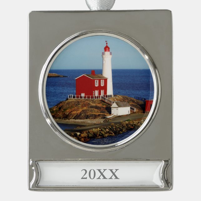 Fisgard Lighthouse Silver Plated Banner Ornament (Front)