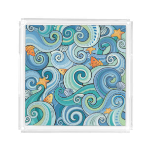 Fish Among The Waves Pattern Acrylic Tray