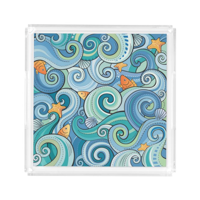 Fish Among The Waves Pattern Acrylic Tray (Front)