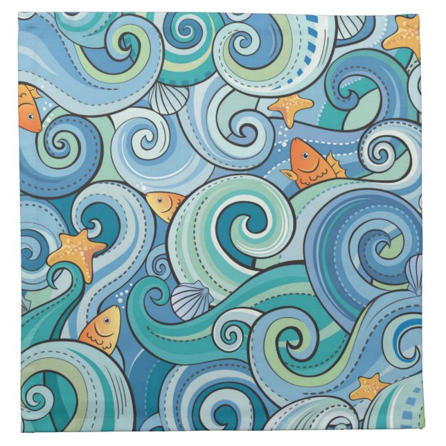 Fish Among The Waves Pattern Cloth Napkin (Front)