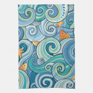 Fish Among The Waves Pattern Kitchen Towel