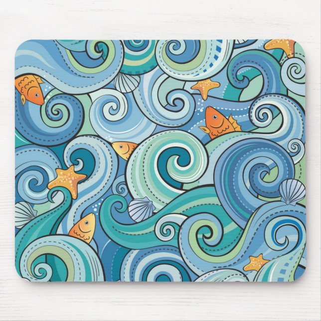 Fish Among The Waves Pattern Mouse Pad (Front)