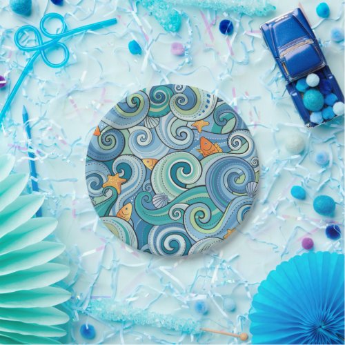 Fish Among The Waves Pattern Paper Plates