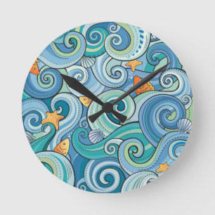 Fish Among The Waves Pattern Round Clock