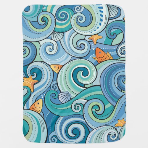 Fish Among The Waves Pattern Stroller Blanket