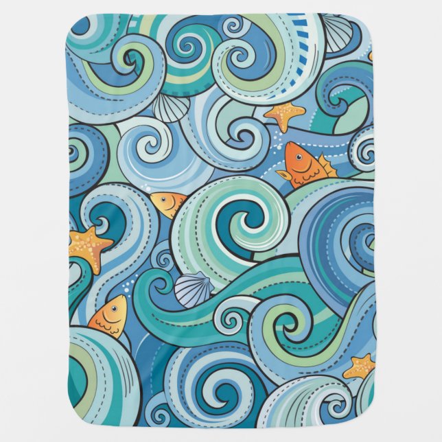 Fish Among The Waves Pattern Stroller Blanket (Front)
