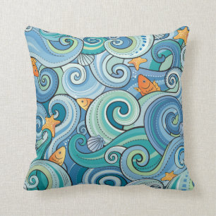 Fish Among The Waves Pattern Throw Pillow