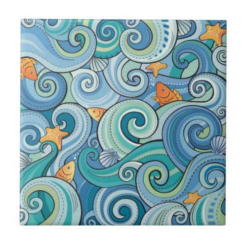 Fish Among The Waves Pattern Tile