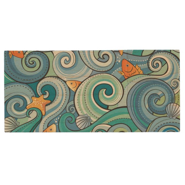 Fish Among The Waves Pattern Wood USB Flash Drive (Front)