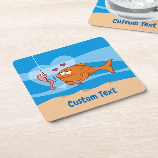 Fish and Bait in Love Square Paper Coaster (Angled)
