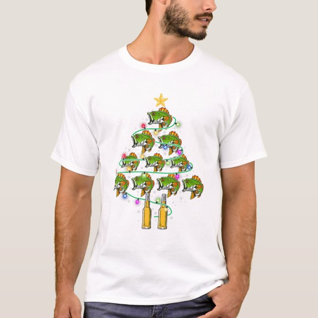 Fish And Beer Christmas Tree T-Shirt (Front)