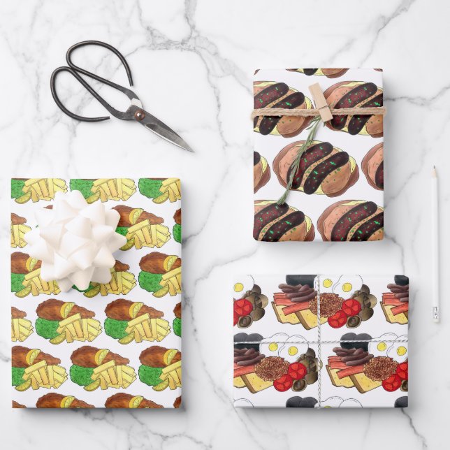 Fish and Chips Bangers and Mash Full English Wrapping Paper Sheets (Front)