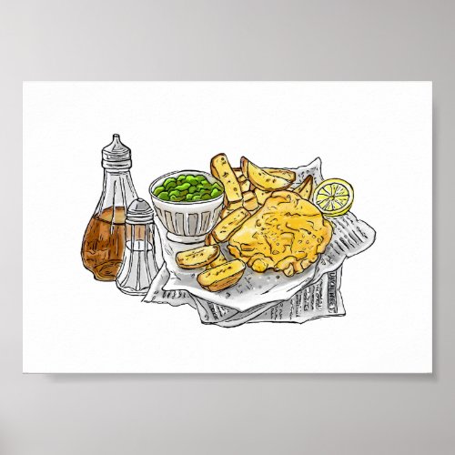 Fish and Chips Original Drawing Digital Color Poster