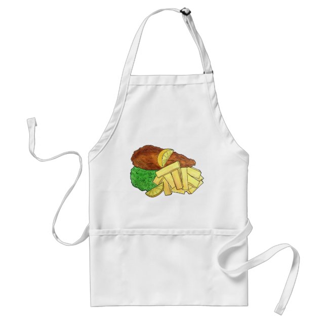 Fish and Chips Peas British Pub Chip Shop Takeaway Adult Apron (Front)