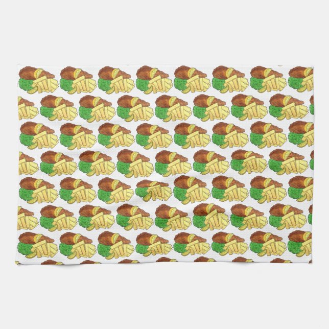 Fish and Chips Peas British Pub Chip Shop Takeaway Kitchen Towel (Horizontal)