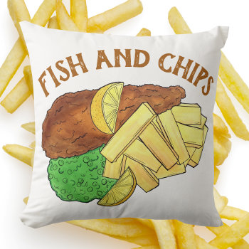 Fish And Chips Peas British Pub Restaurant Food Throw Pillow by rebeccaheartsny at Zazzle